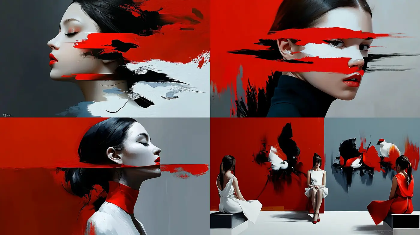 Contemporary Red and Black Streaked Portraiture - Midjourney sref style