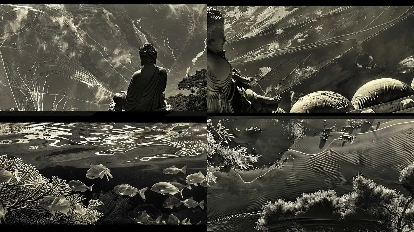 Monochromatic Zen Tapestry with Nature and Reflections - Midjourney sref style