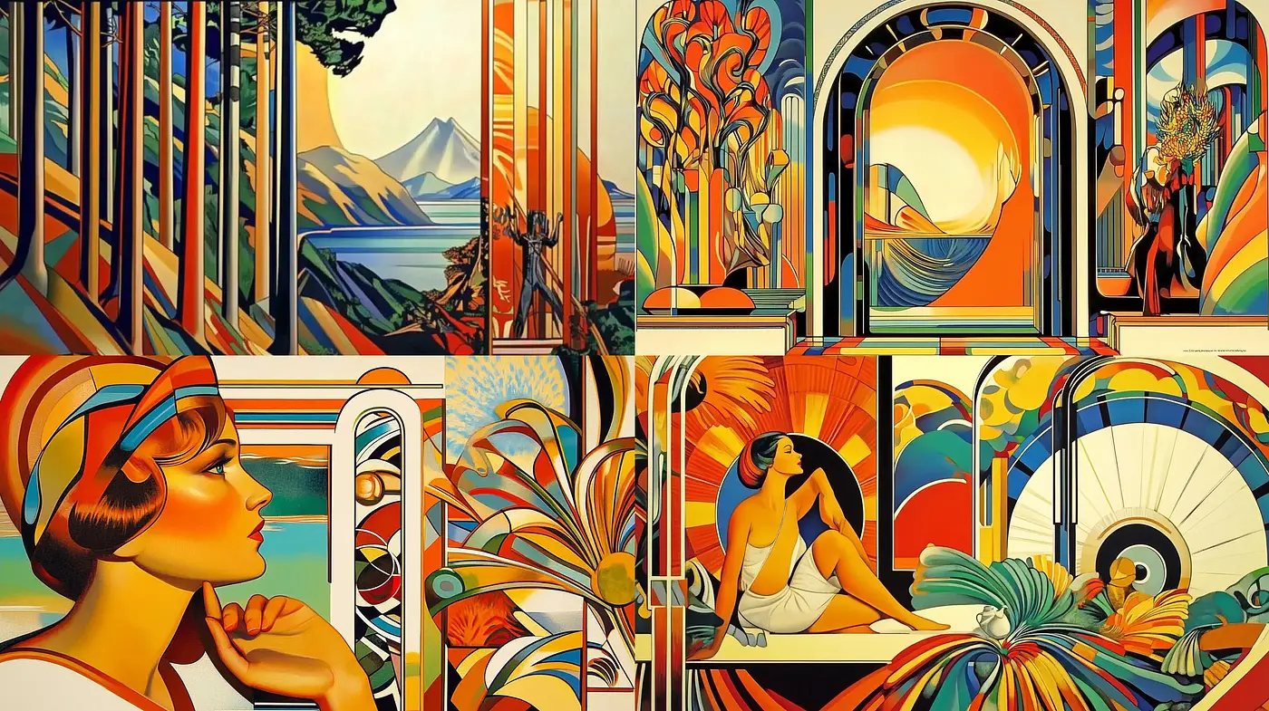 Art Deco Reverie of Lush Sceneries and Elegant Figures - Midjourney sref style