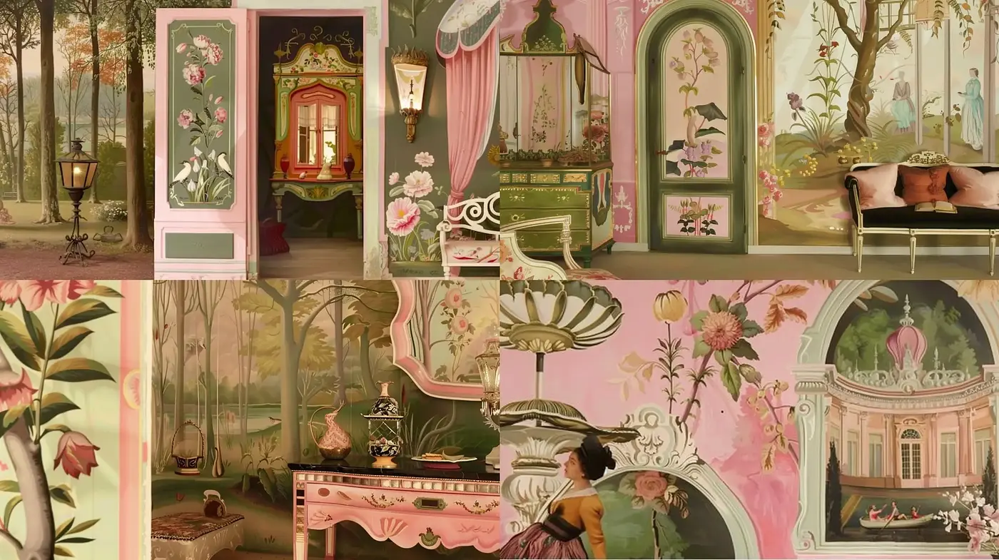 Elegantly Whimsical Rococo Revival with Pastel Botanical Motifs - Midjourney sref style