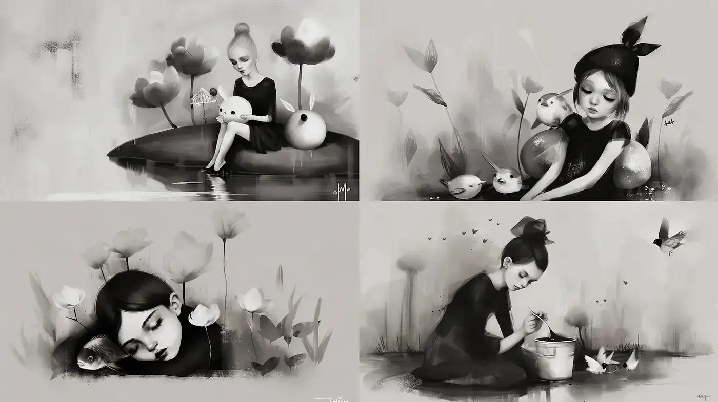 Monochrome Whimsy with a Touch of Surrealism and Nature - Midjourney sref style