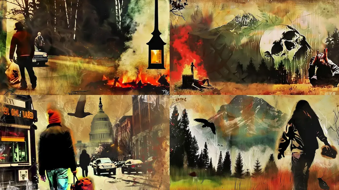 Dramatic and evocative blend of dystopian themes and natural elements - Midjourney sref style