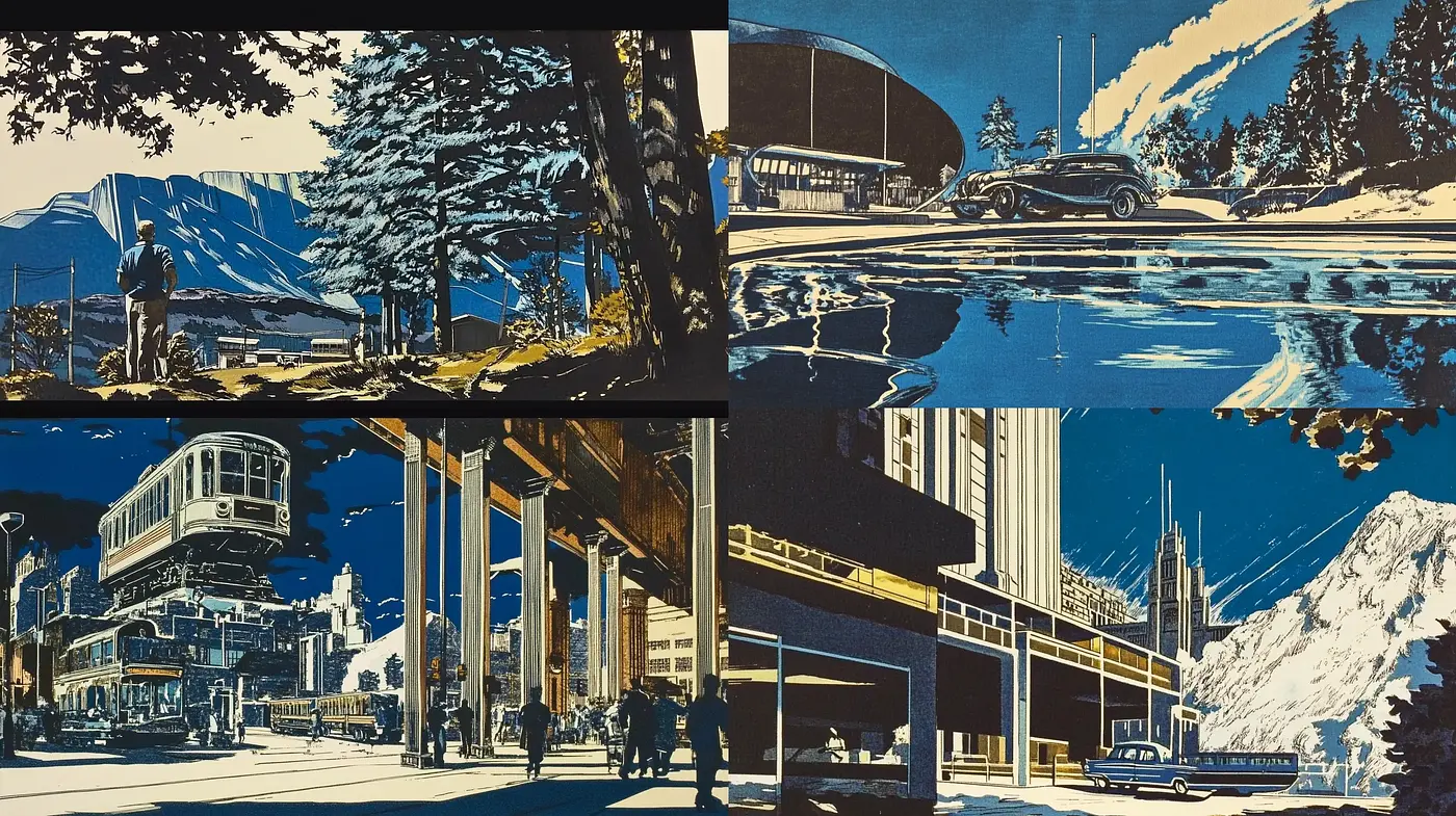 Serene Mid-Century Modern Vistas in a Stylized Vintage Palette - Midjourney sref style