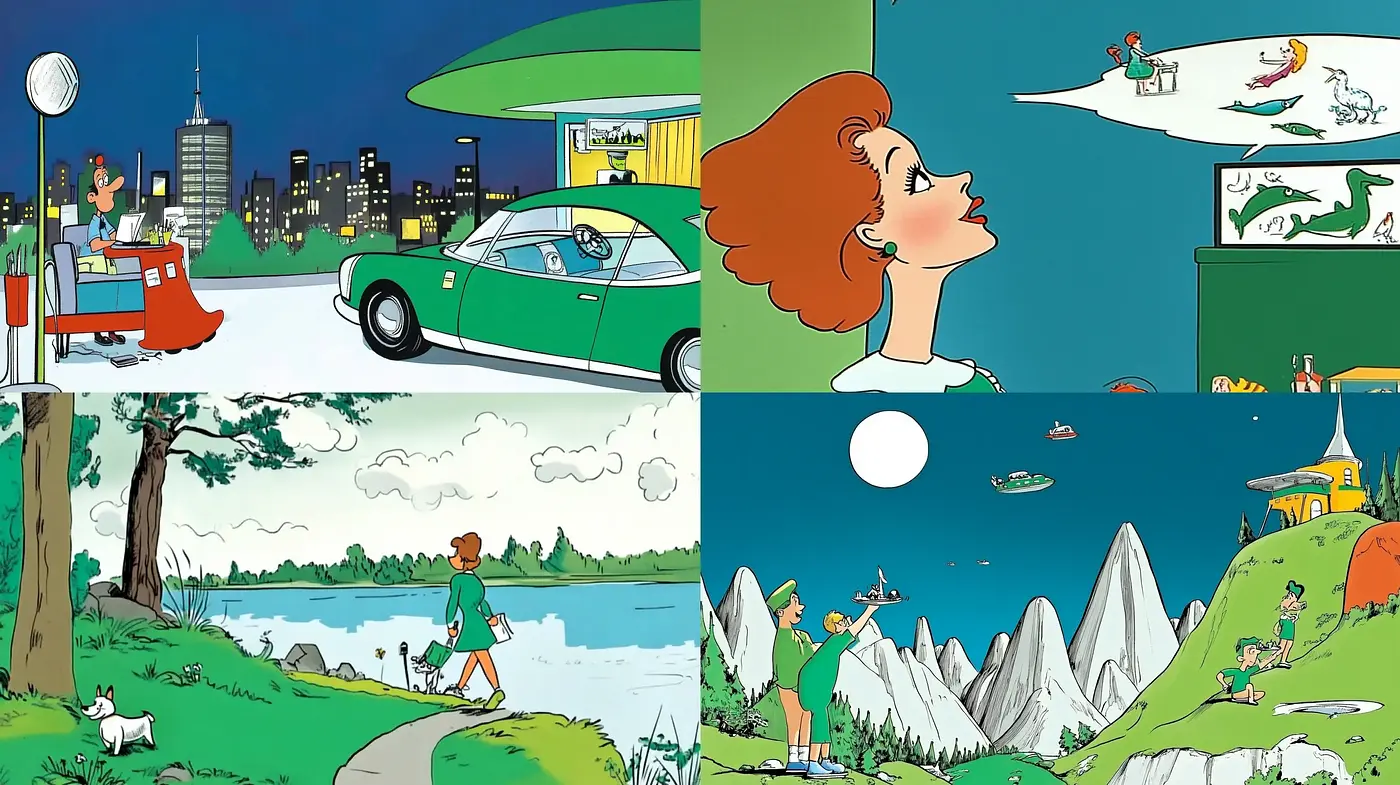 Vibrant Retro Comic Strip Artistry with a Twist of Modernity - Midjourney sref style