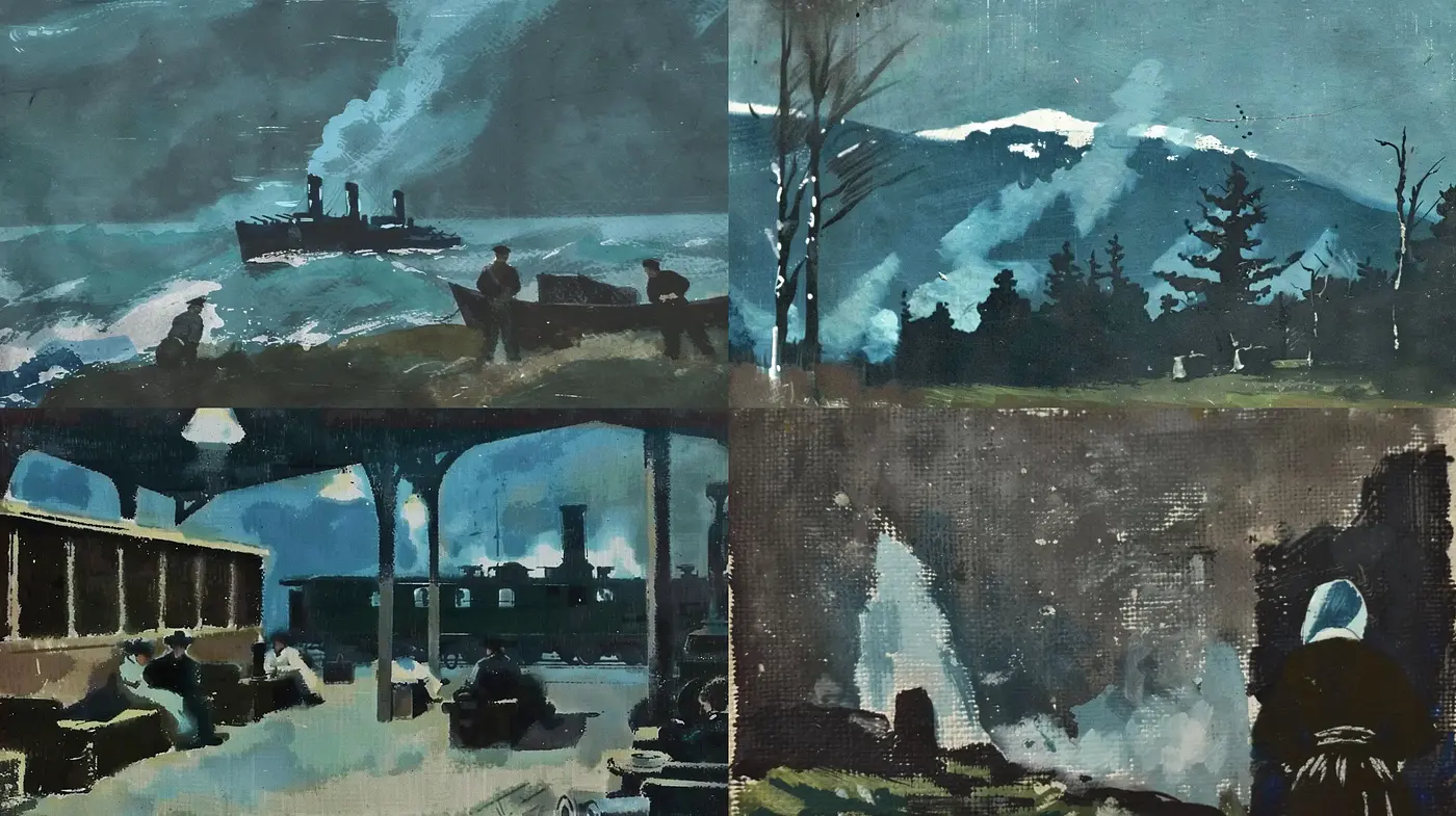 Evocative Brushwork and Moody Tonal Transitions in Industrial Vignettes - Midjourney sref style
