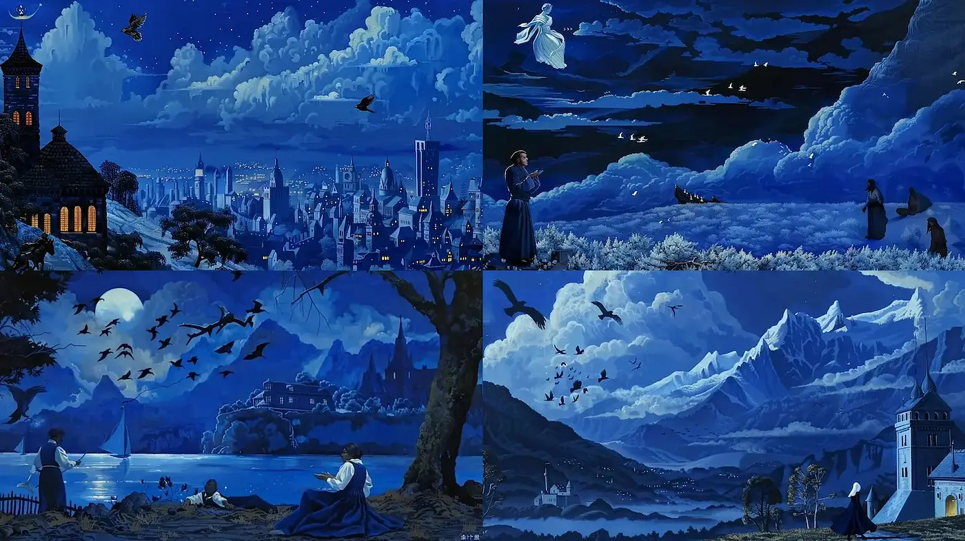 Ethereal Blue Landscapes with a Dreamlike Quality - Midjourney sref style