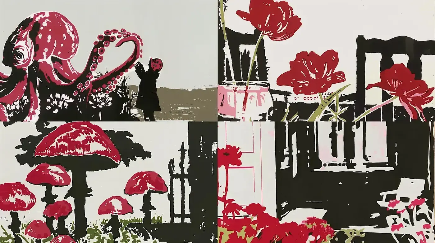 Stylized Floral and Surreal Imagery with a Bold Color Contrast - Midjourney sref style