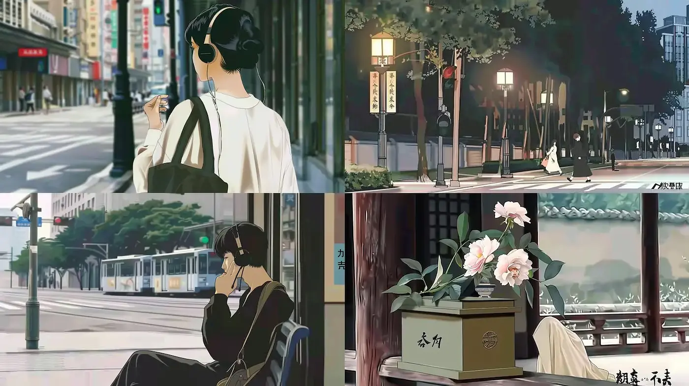 Contemporary urban scenes with a tranquil, introspective atmosphere - Midjourney sref style