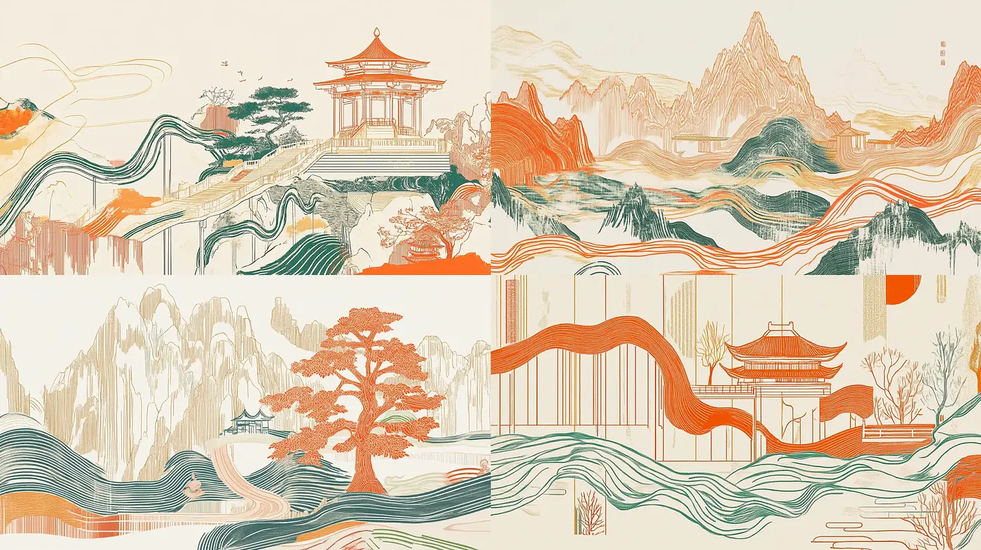 Serene East Asian-Inspired Landscape Illustrations with Consistent Pastel Tones - Midjourney sref style