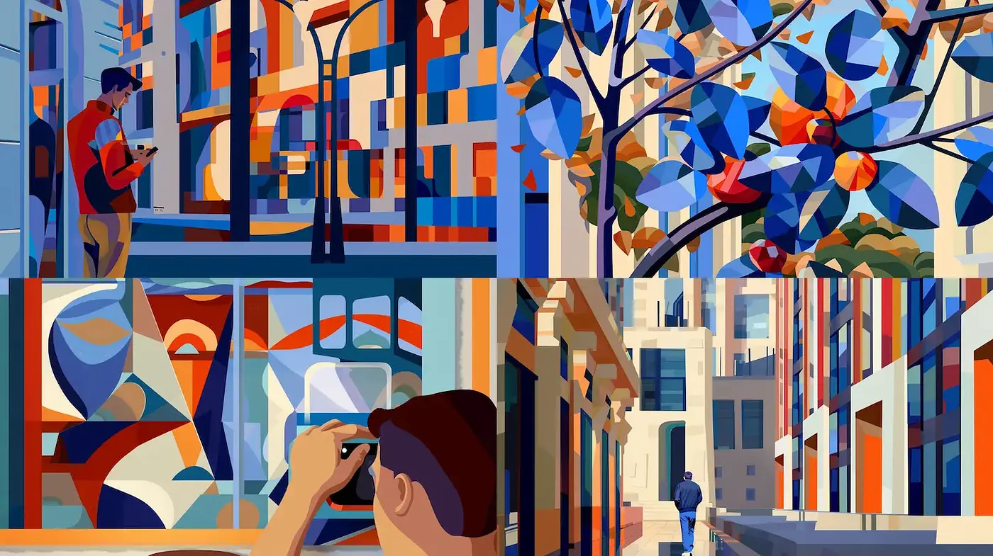 Vibrant Geometric Urban Expressionism with a Playful Touch - Midjourney sref style