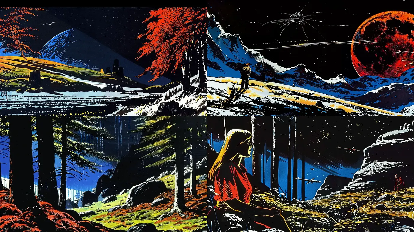 Cosmic Retrofuturism with Vivid Contrasts and Graphic Novel Flair - Midjourney sref style