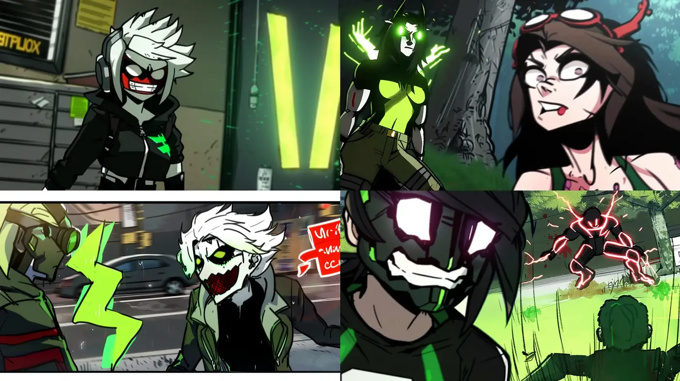 Neon Contrast and Dynamic Comic Expressionism - Midjourney sref style