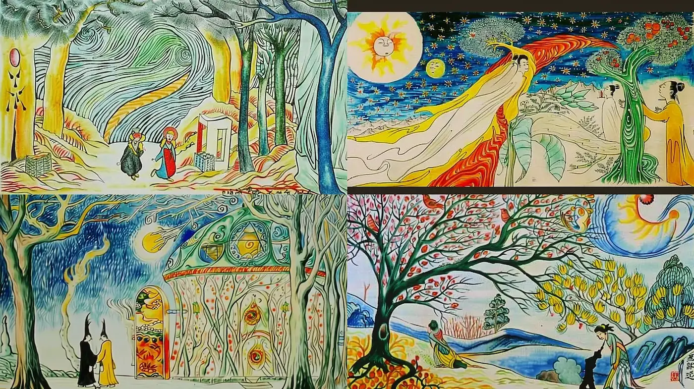 Whimsical Art with Flowing Lines and Vibrant Colors - Midjourney sref style