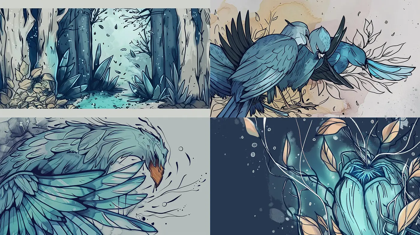 Ethereal Nature in Aquatic Tones: A Fusion of Digital Watercolor and Ink - Midjourney sref style