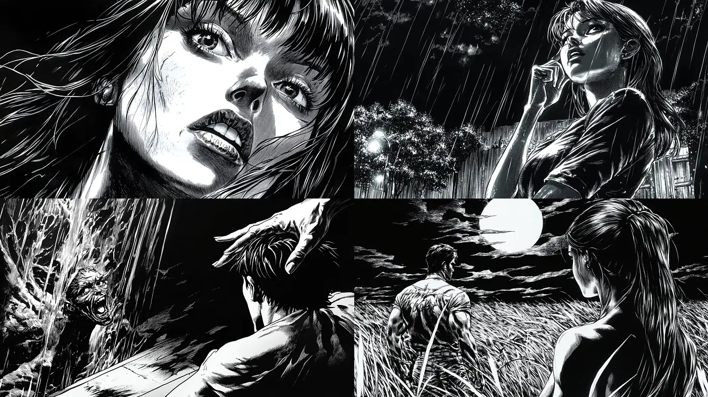 Noir-Inspired Monochromatic Illustrative Drama - Midjourney sref style