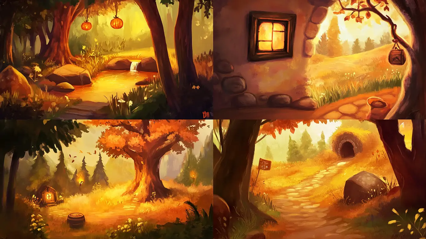 Enchanted Autumn Forest: A Painterly Journey Through Warm Tones and Whimsical Landscapes - Midjourney sref style