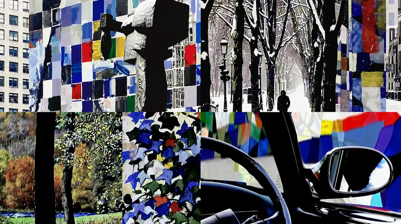 Dynamic interplay of geometric shapes and saturated colors reflecting urban life - Midjourney sref style