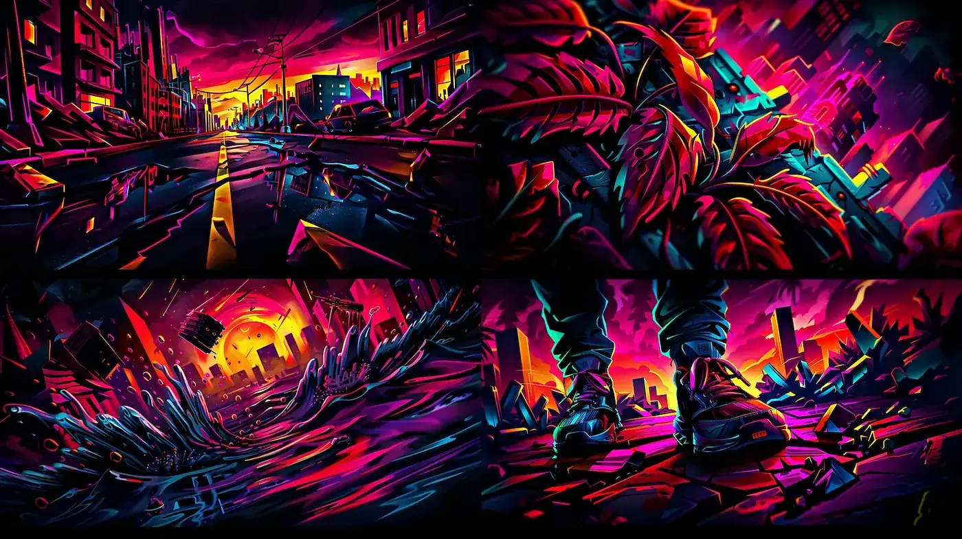 Vibrant Cyberpunk Aesthetic with Desolate Urban Themes - Midjourney sref style