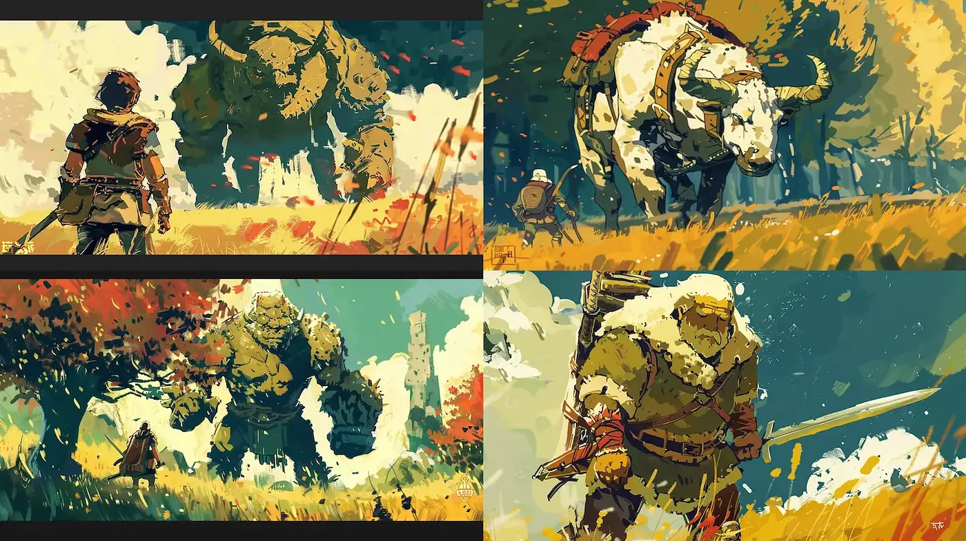 Vibrant fantasy landscapes with dynamic character interactions - Midjourney sref style