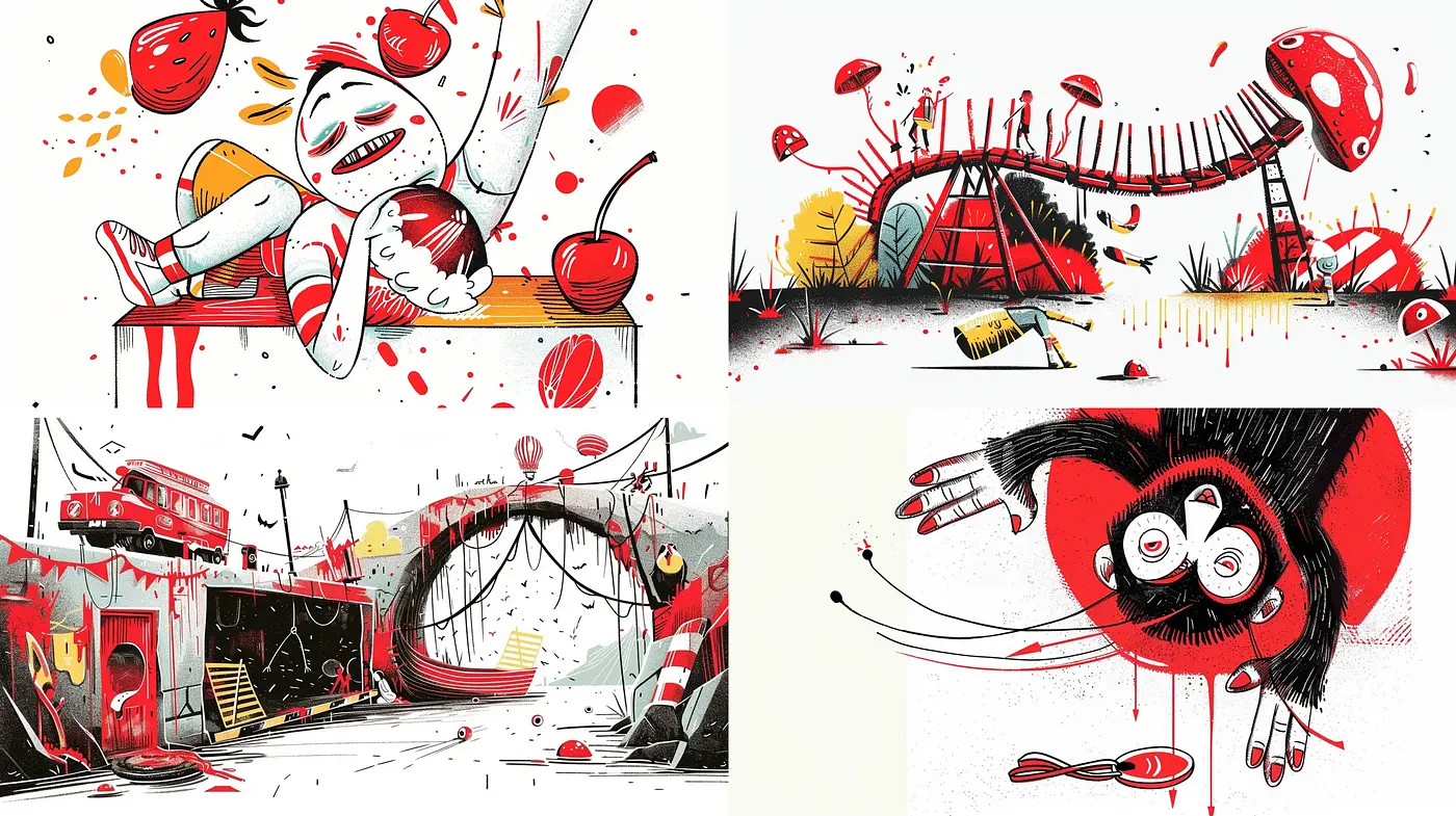Playful Dystopia: A Whimsical Disarray in Monochrome and Crimson - Midjourney sref style