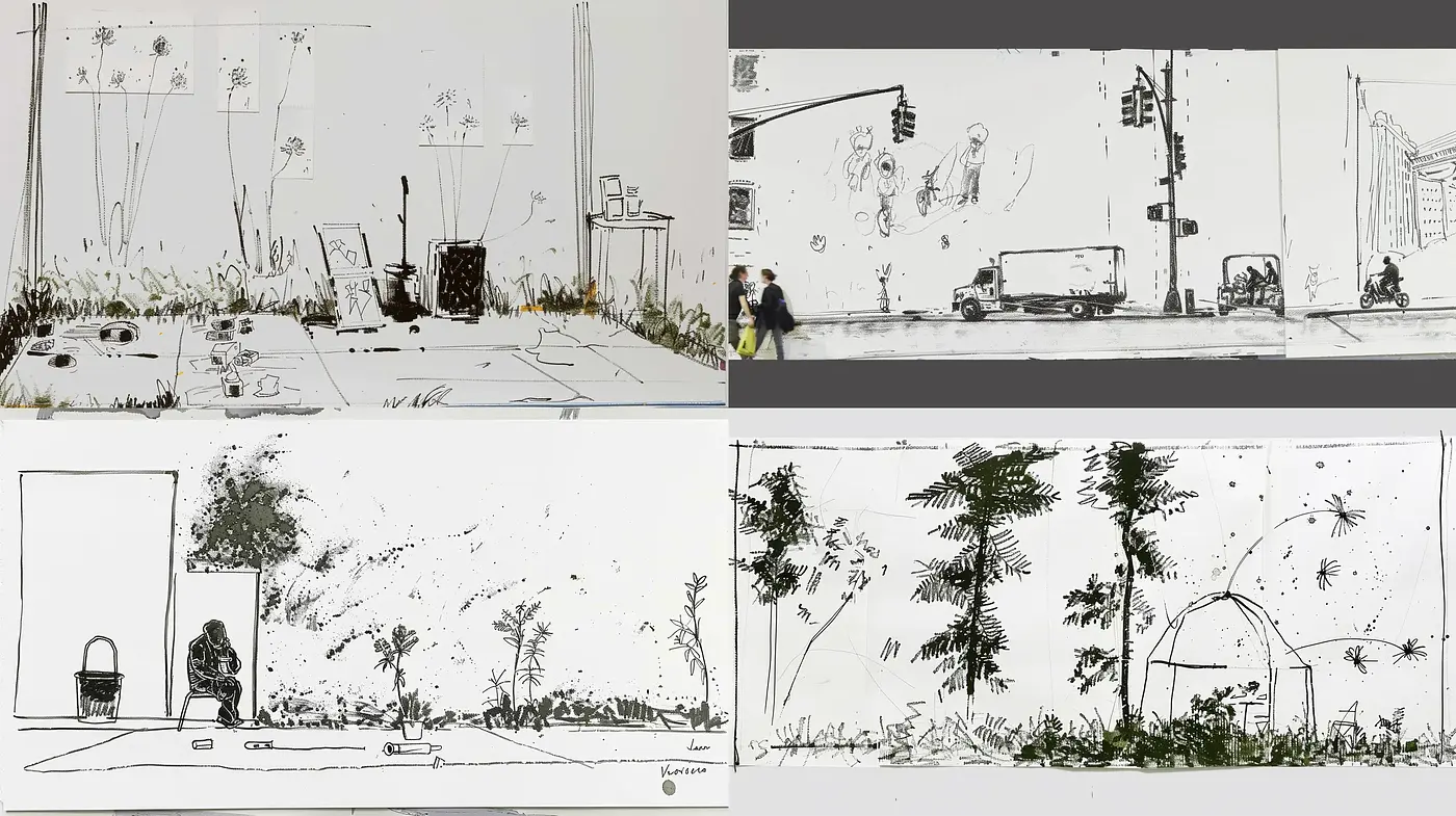 Monochrome Sketches of Urban and Natural Landscapes - Midjourney sref style