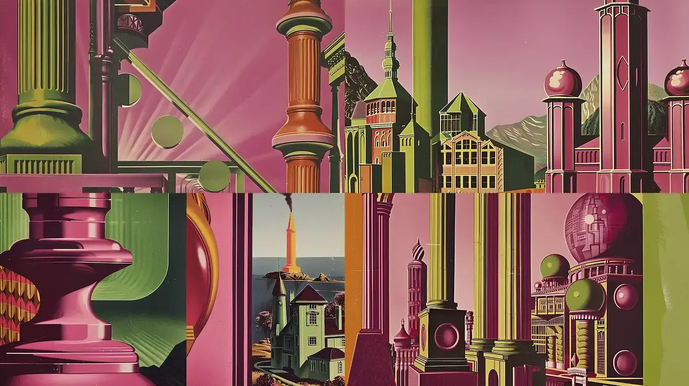 Vivid Dreamscape with Geometric Architecture - Midjourney sref style