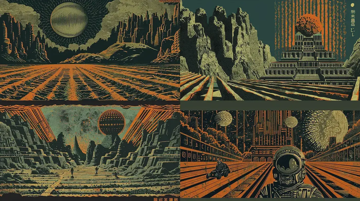 Futuristic Retro-Industrial Landscape with a Cosmic Touch - Midjourney sref style