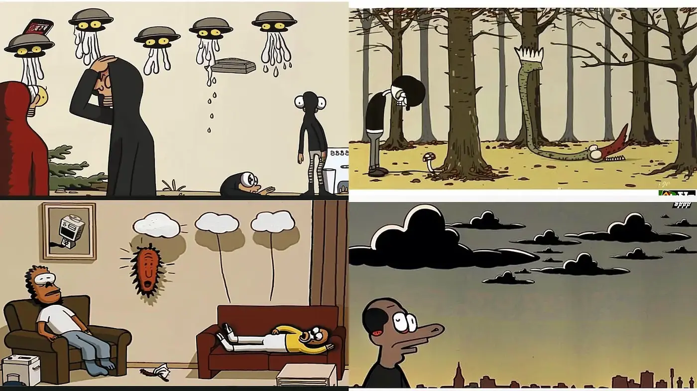 Quirky and Surreal Illustration Style with Unique Character Designs - Midjourney sref style