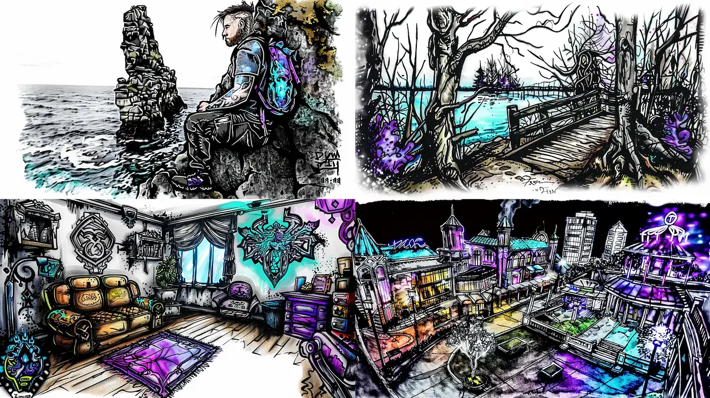 Eclectic Fusion of Surrealistic and Illustrative Styles in Vibrant Environments - Midjourney sref style