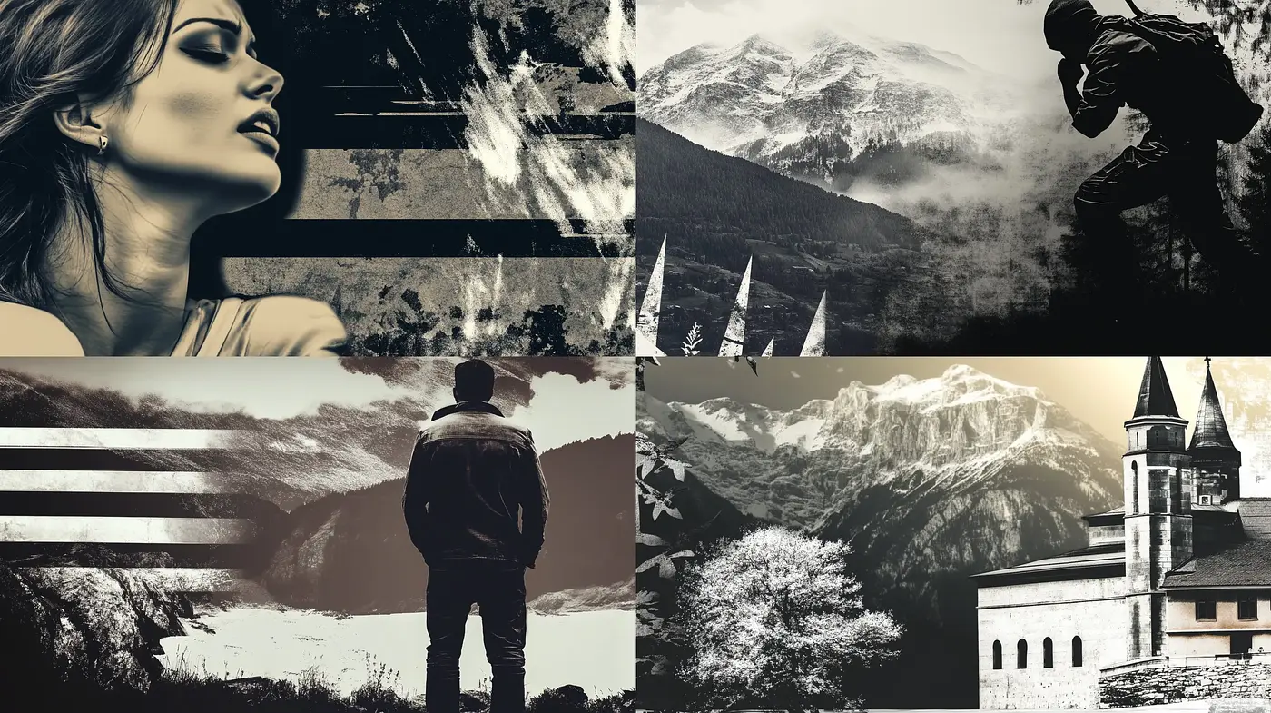 Monochromatic Elegance with Textured Overlays and Contemplative Ambiance - Midjourney sref style