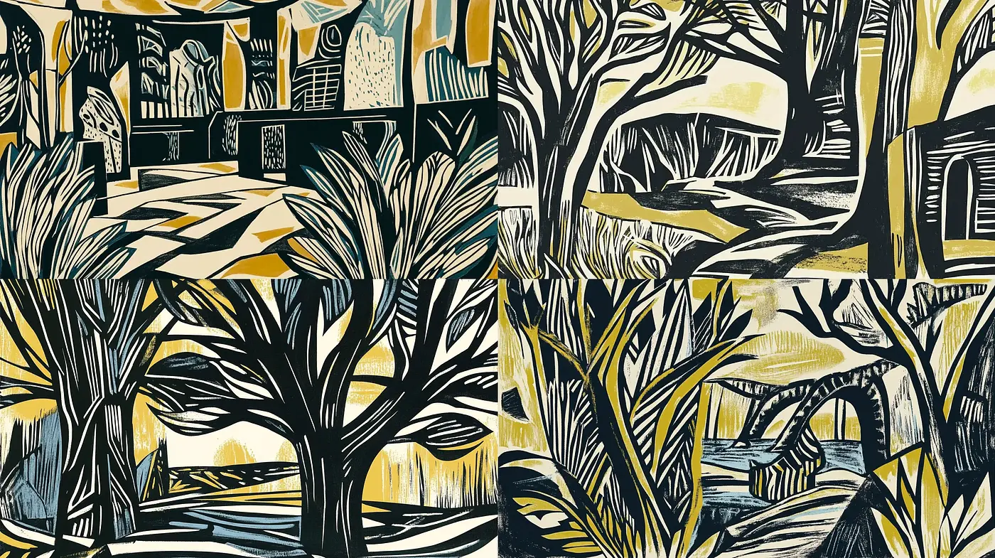 Contemporary Woodcut Revival with Nostalgic Undertones - Midjourney sref style