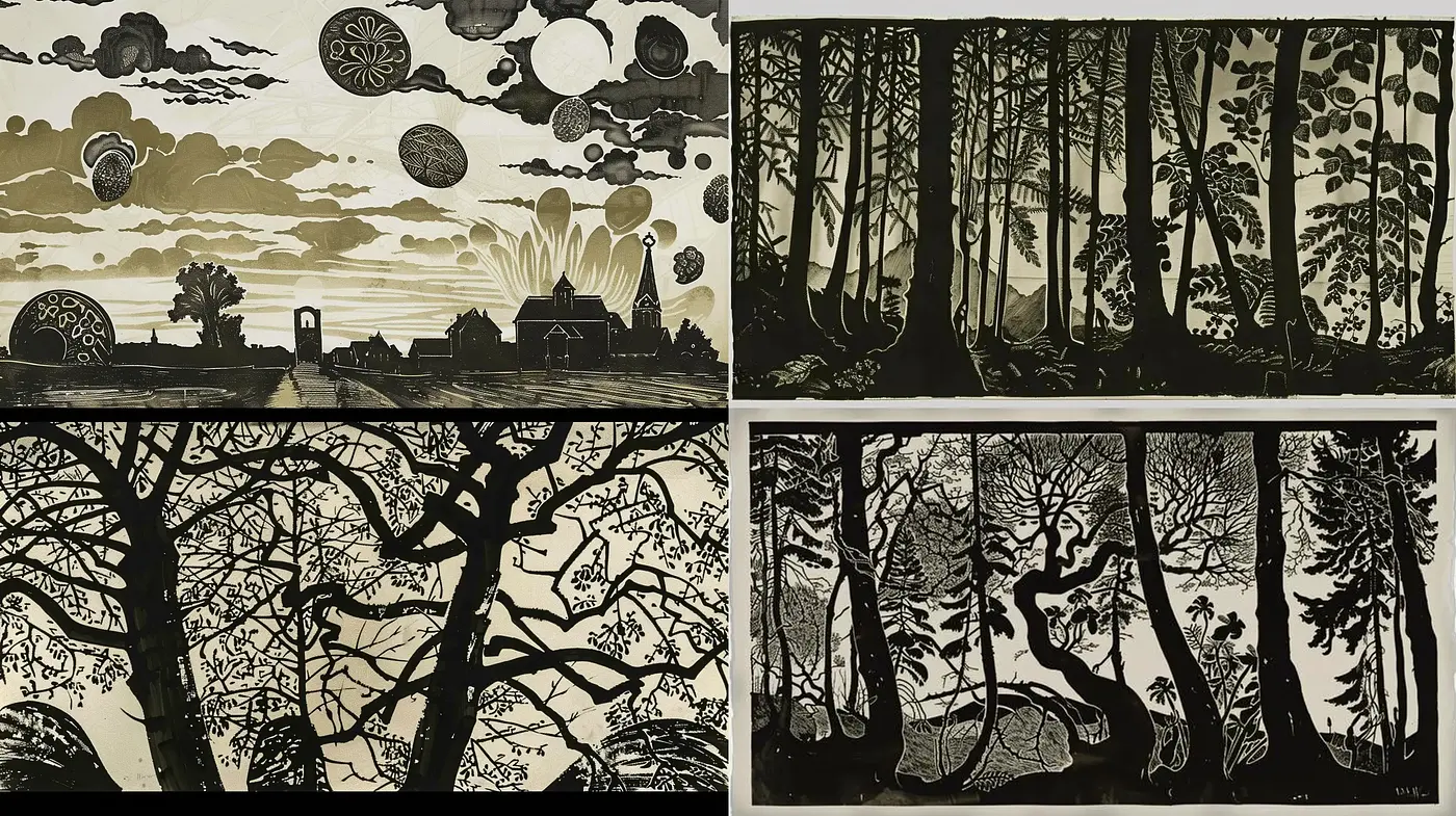 Silhouetted Nature Scenes in Monochromatic Sepia Tone - Midjourney sref style