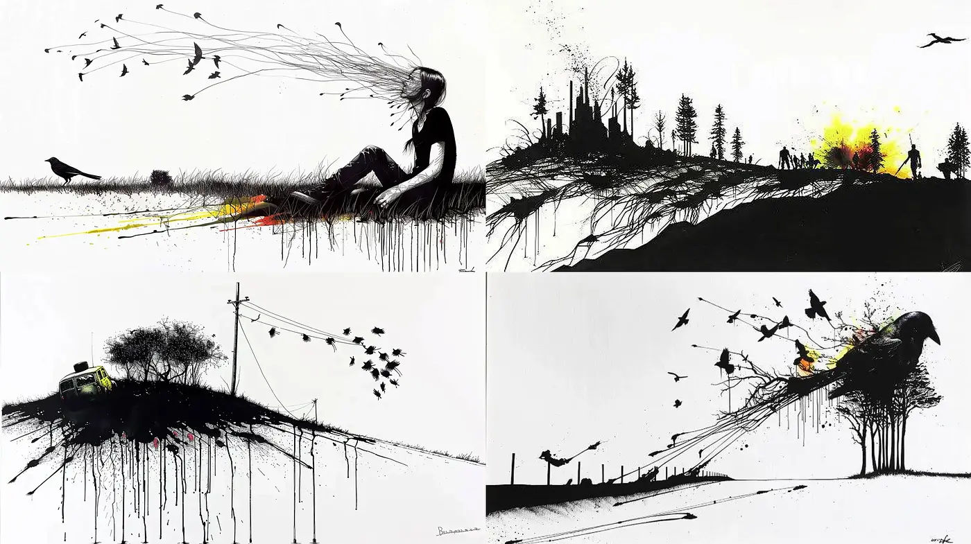 Stark Monochromatic Visceral Strokes with Surreal Contrasts - Midjourney sref style
