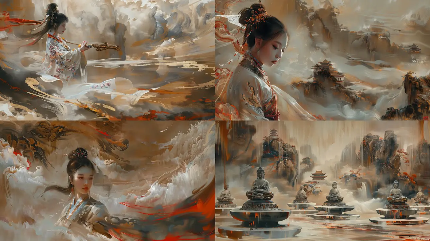 Ethereal Brushstroke Symphony: A Fusion of Traditional Eastern Motifs and Contemporary Dreamlike Ambiance - Midjourney sref style