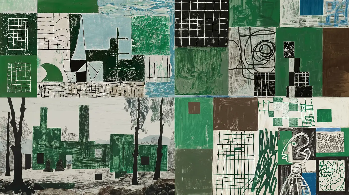 Geometric Exploration in Shades of Verdant and Monochrome - Midjourney sref style