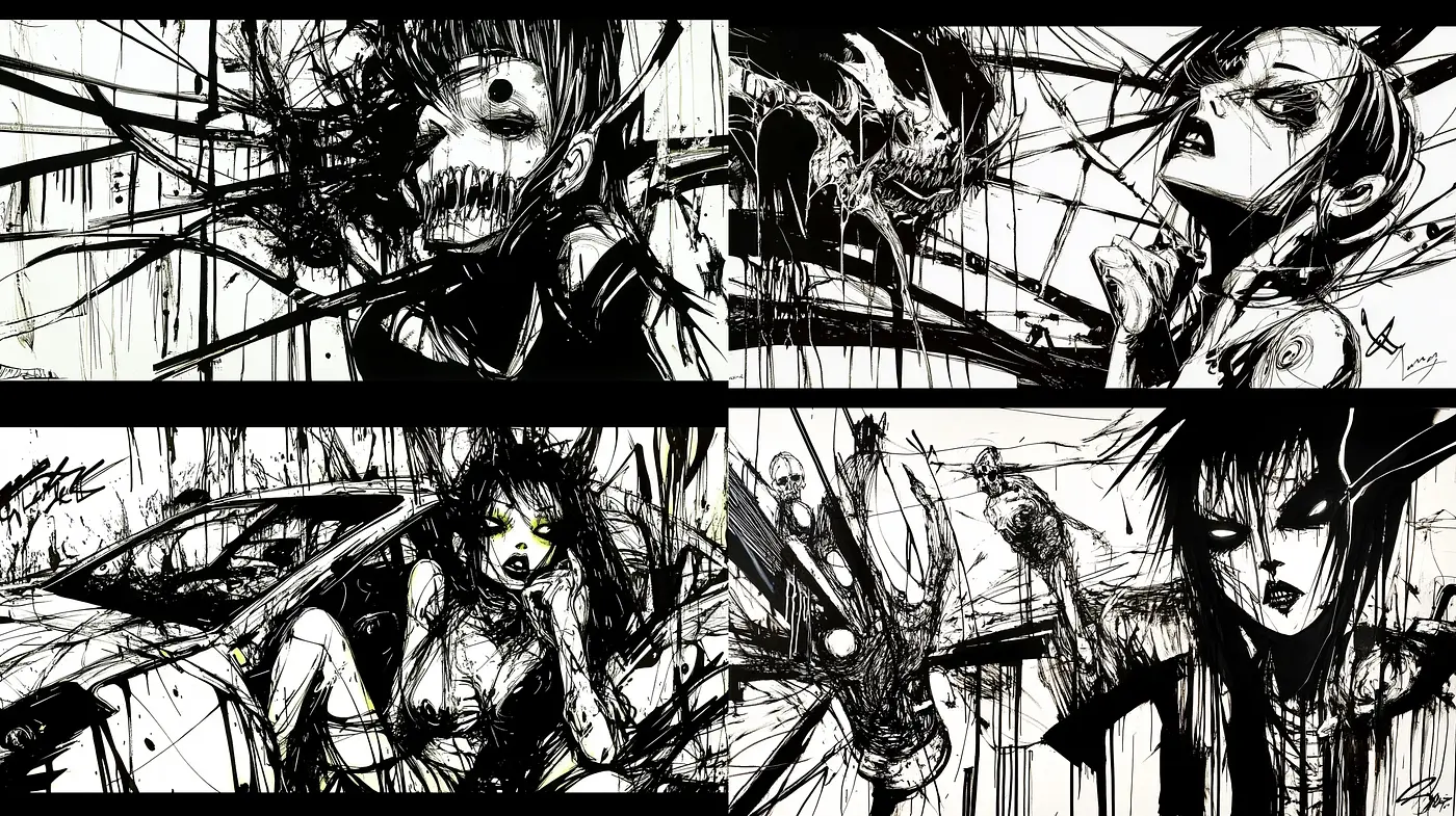 Monochromatic Chaos: An Exploration of Abstract Expressionism and Character Exaggeration - Midjourney sref style