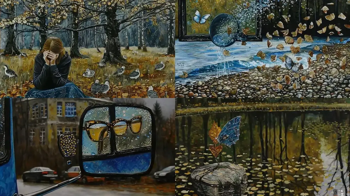 Autumnal Reflections and Textured Butterflies in Oil Repose - Midjourney sref style