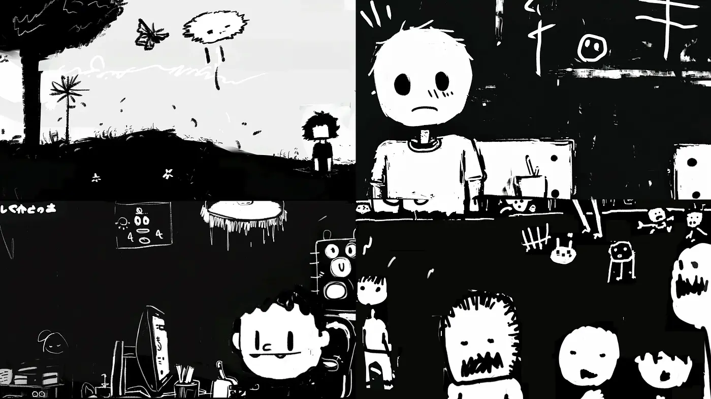 Monochromatic Expressionist Doodles with a Whimsical Touch - Midjourney sref style