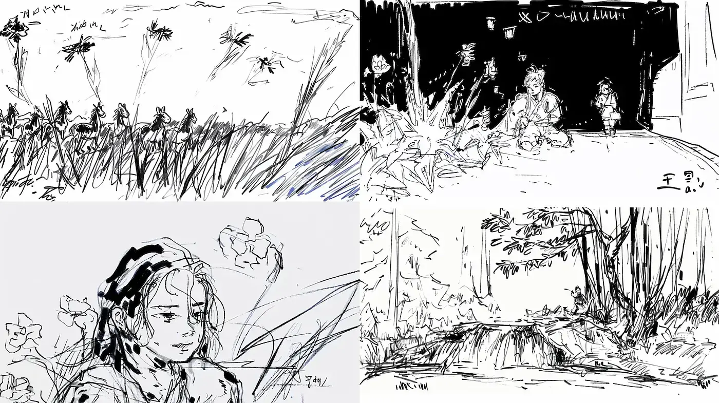 Fluid, expressive linework with a harmonious blend of nature and human emotion - Midjourney sref style