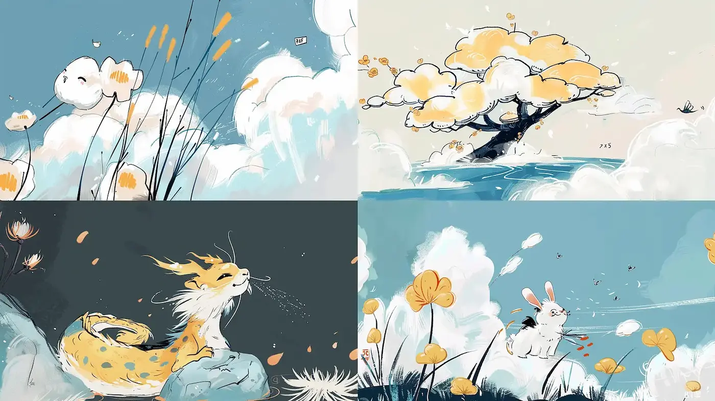 Whimsical and Ethereal Landscape in Soft Pastels with Playful Creatures - Midjourney sref style