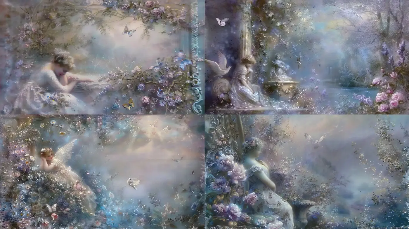 Ethereal Dreamscapes: A Harmony of Florals and Hues - Midjourney sref style