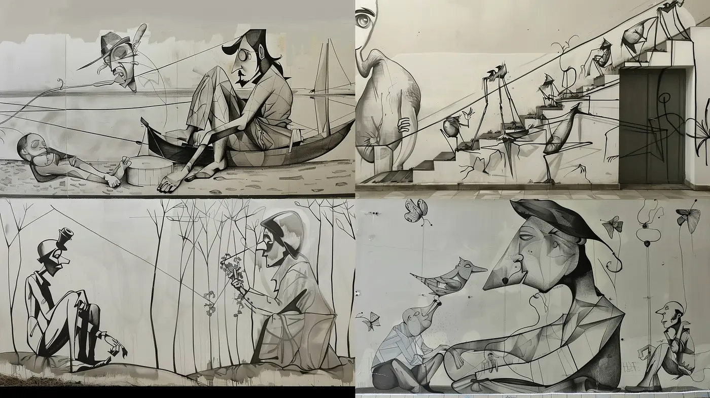 Monochrome Whimsy: A Nostalgic Fusion of Graphic Novel Artistry and Surrealist Imagination - Midjourney sref style