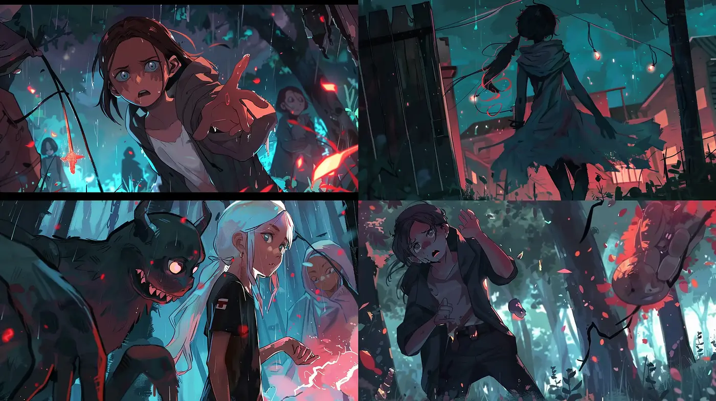 Dynamic Anime-Inspired Action Vignettes with Moody Cyberpunk Overtones - Midjourney sref style