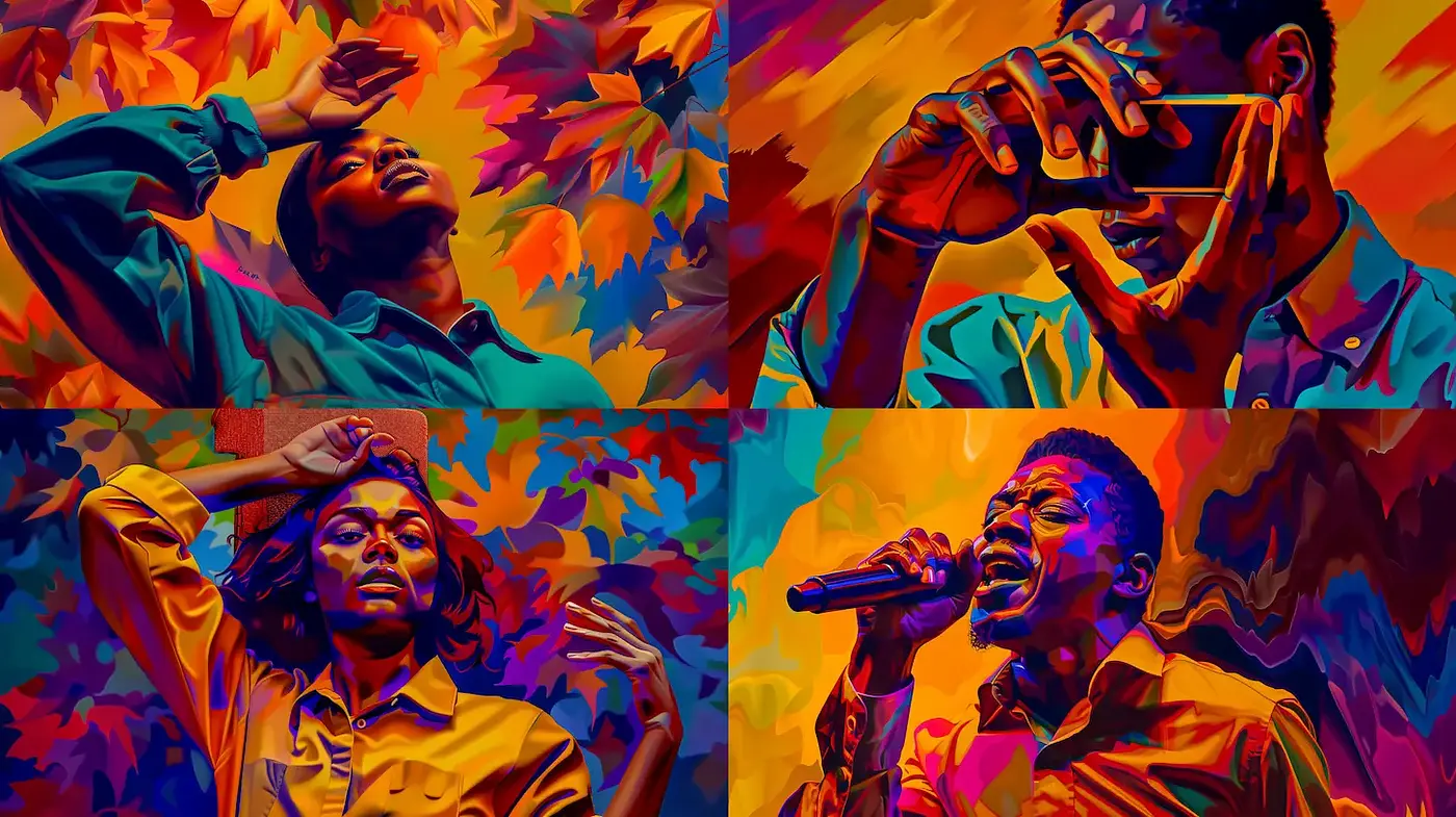 Vibrant and dynamic expressions in a surreal color landscape - Midjourney sref style