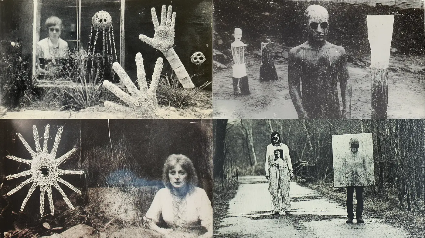 Ethereal Monochrome Dreamscape: A Haunting Intersection of Vintage Photography and Surrealist Art - Midjourney sref style