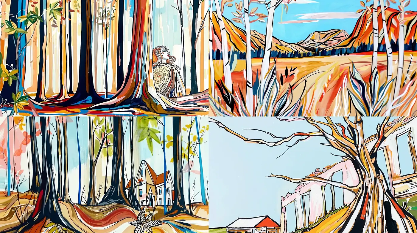 Whimsical Strokes Capturing Rustic Panoramas in Bold Contours - Midjourney sref style