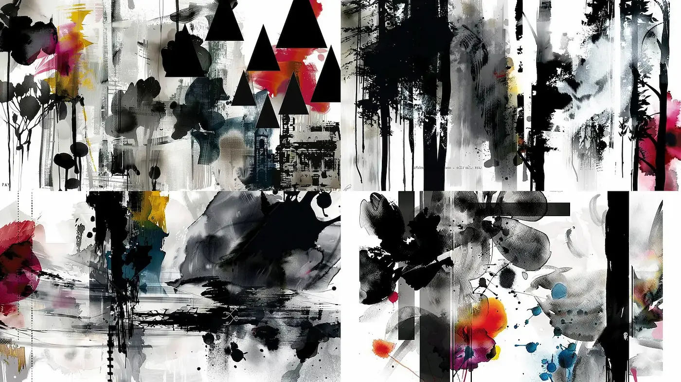 Abstract collage of dynamic monochrome and vibrant splashes - Midjourney sref style