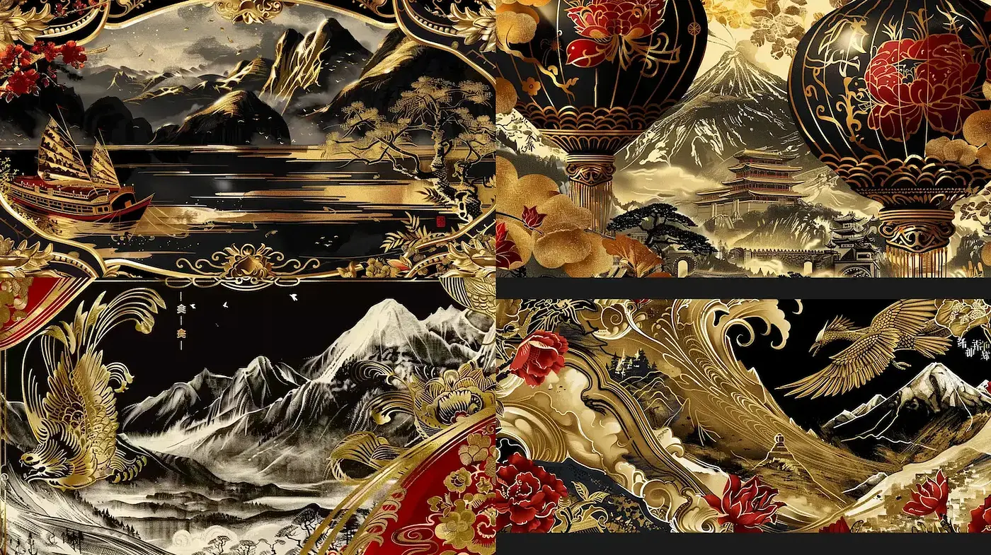 Intricate Gold and Black Traditional Asian Aesthetic - Midjourney sref style