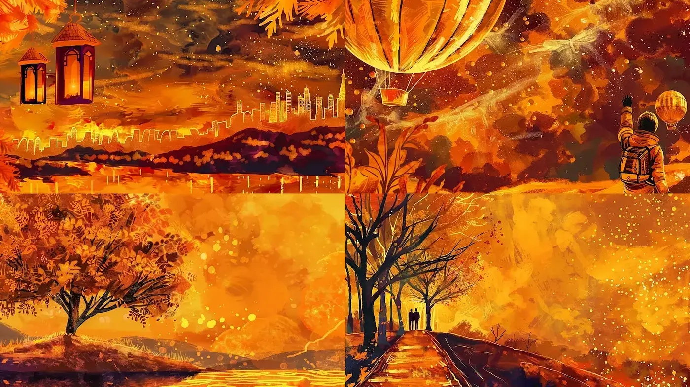 Warm and Enchanting Autumn Landscapes with Whimsical Elements - Midjourney sref style