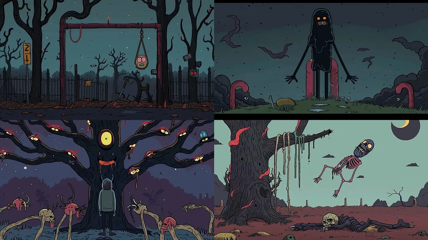 Twilight Necropolis: A Consistent Elegy in Muted Tones with Macabre Whimsy - Midjourney sref style